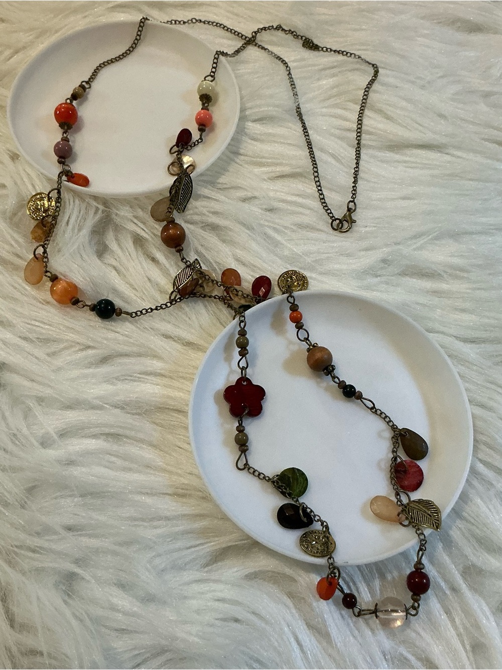 Boho hippie charm/bead earth tone colorful bronze long necklace